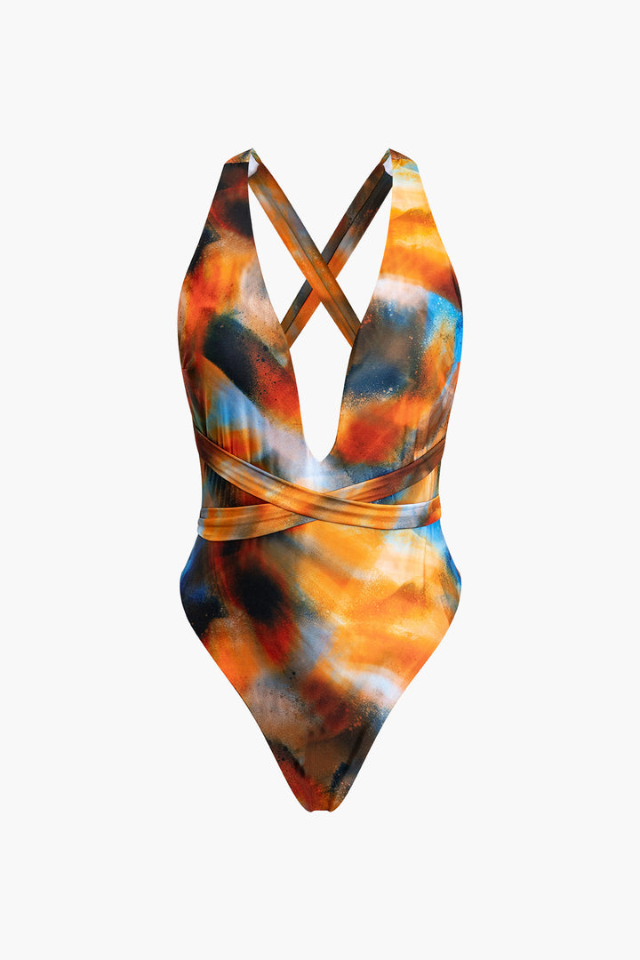 Siena Cross-Tie Swimsuit Set with Watercolor Pareo