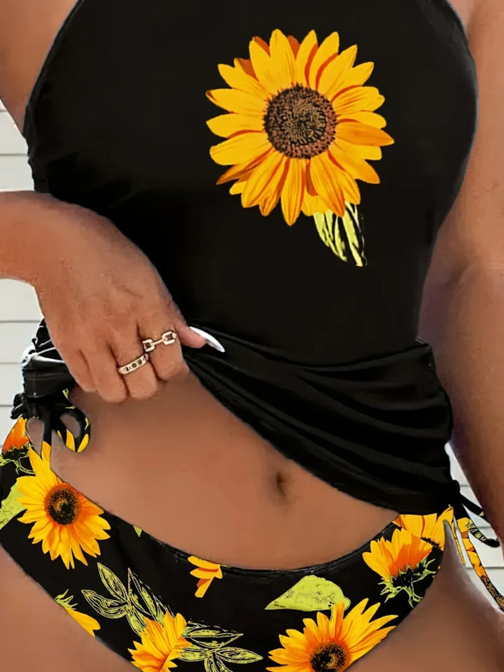 Soleado Sunflower-Print Halter Tankini Set with Tummy Control