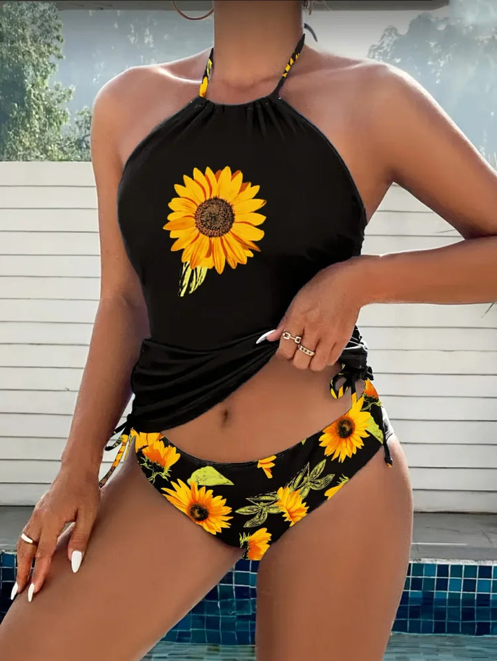 Soleado Sunflower-Print Halter Tankini Set with Tummy Control