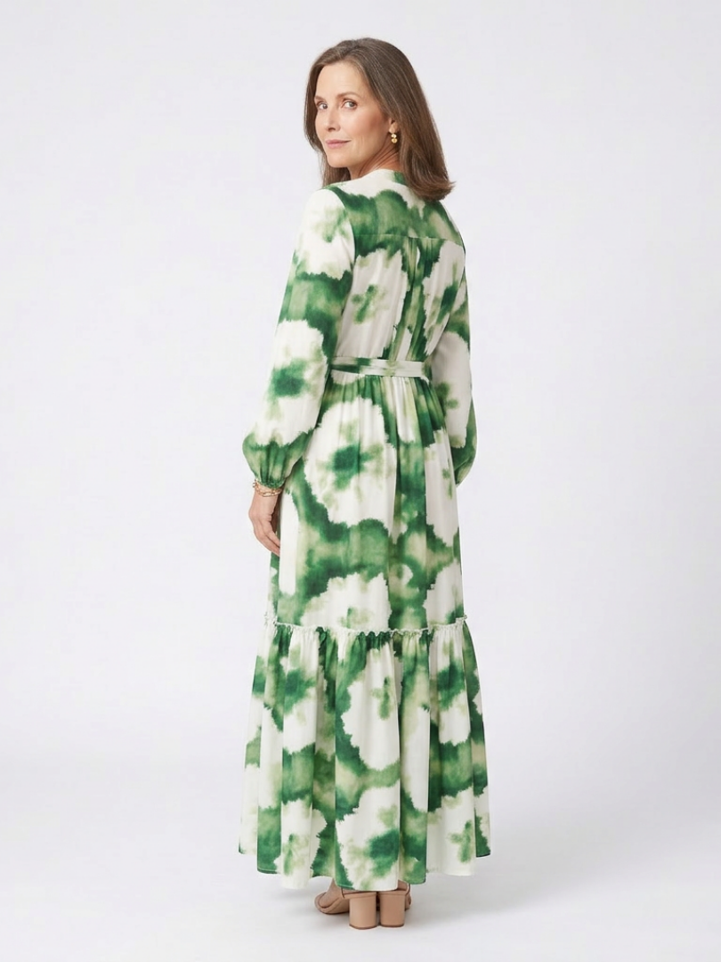 Flattering Tie-Waist Tiered Long-Sleeve Maxi Dress
