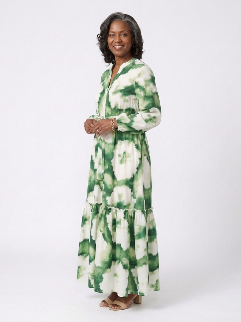 Flattering Tie-Waist Tiered Long-Sleeve Maxi Dress