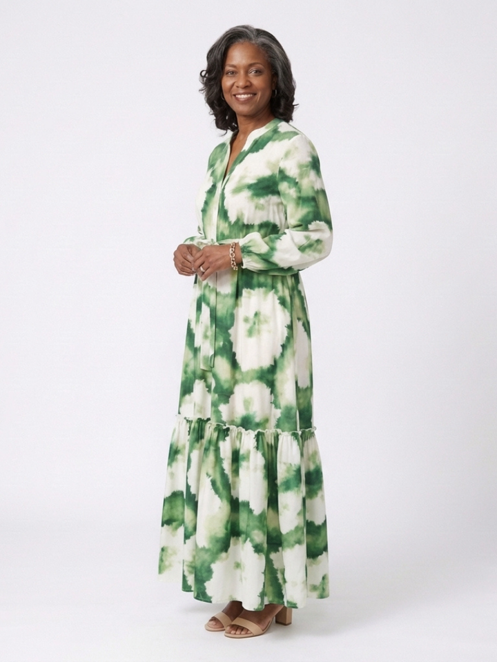 Flattering Tie-Waist Tiered Long-Sleeve Maxi Dress