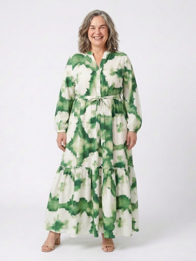 Flattering Tie-Waist Tiered Long-Sleeve Maxi Dress