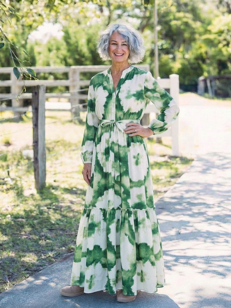 Flattering Tie-Waist Tiered Long-Sleeve Maxi Dress