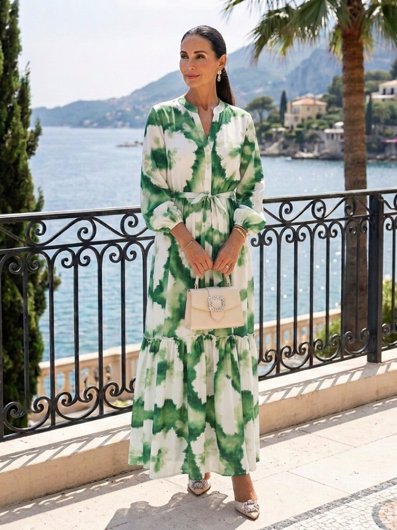 Flattering Tie-Waist Tiered Long-Sleeve Maxi Dress