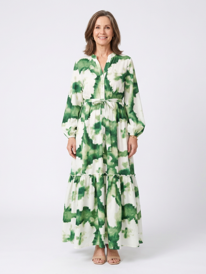 Flattering Tie-Waist Tiered Long-Sleeve Maxi Dress