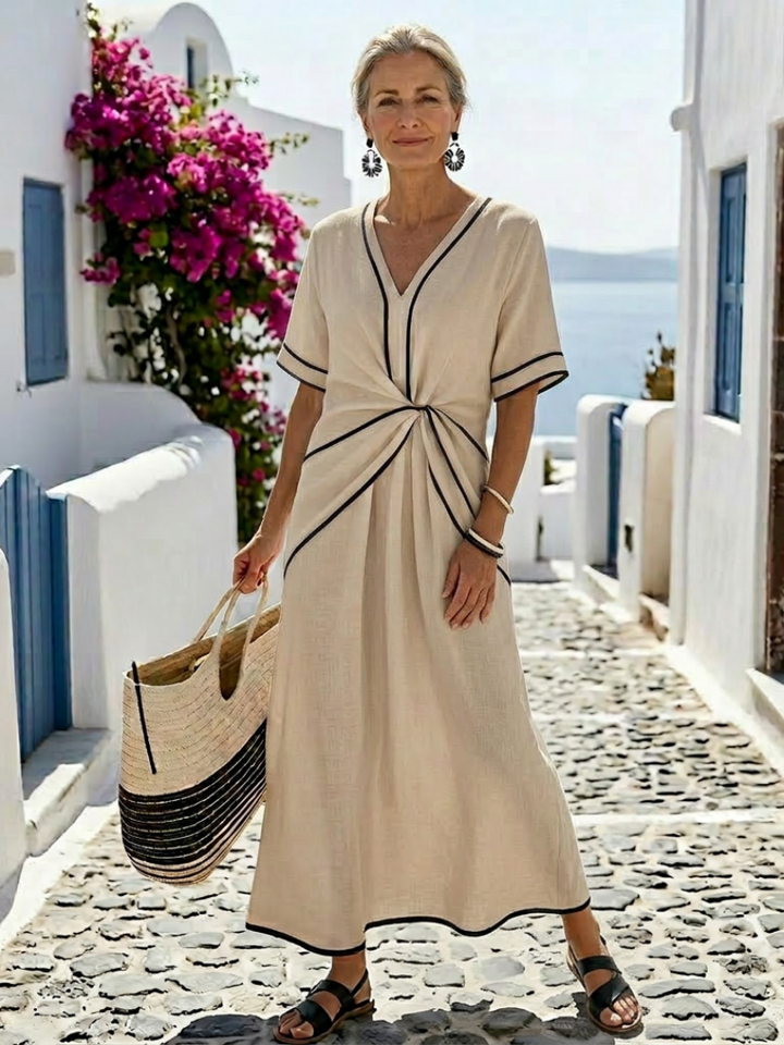 Waist-Defining V-Neck Short-Sleeve Midi Dress