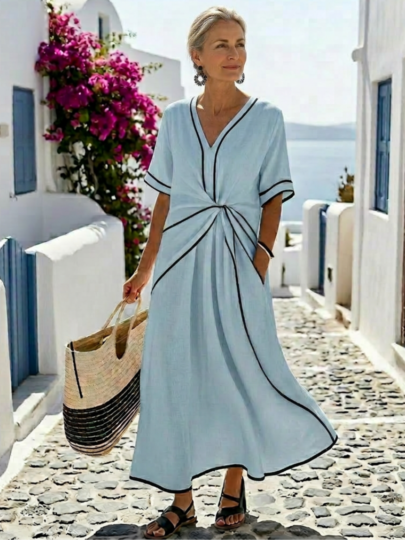 Waist-Defining V-Neck Short-Sleeve Midi Dress
