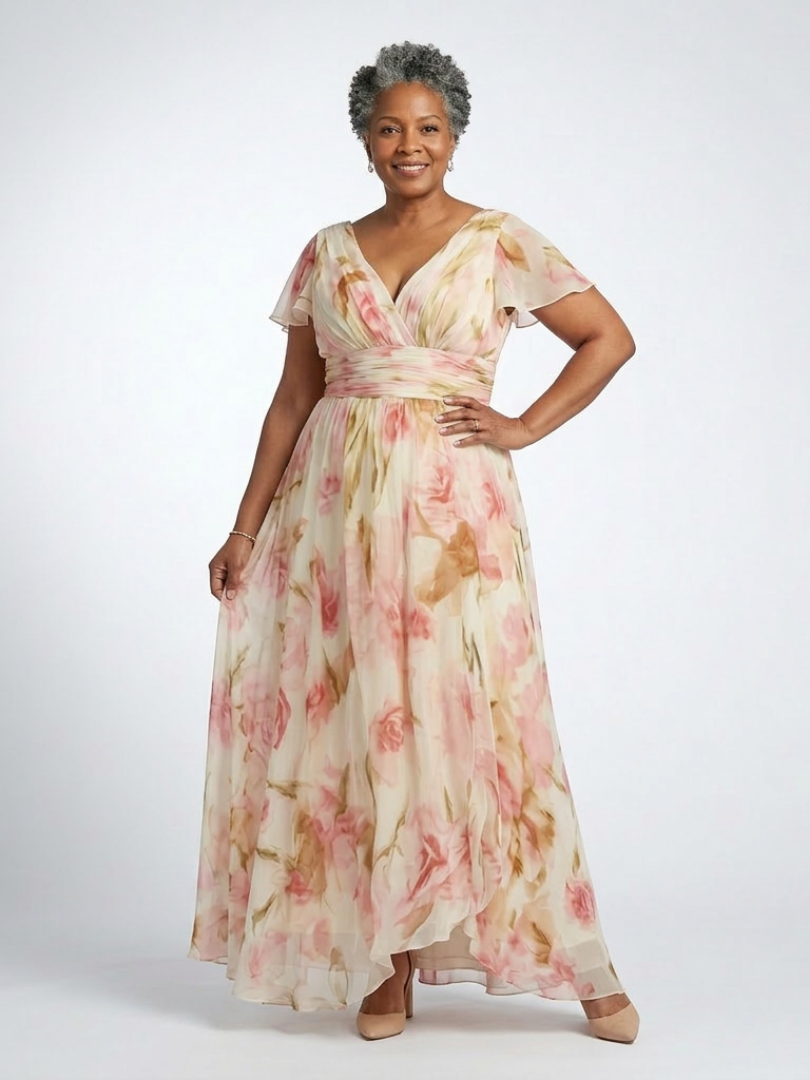 Garden Party Flowy V-Neck Short-Sleeve Floral Maxi Dress