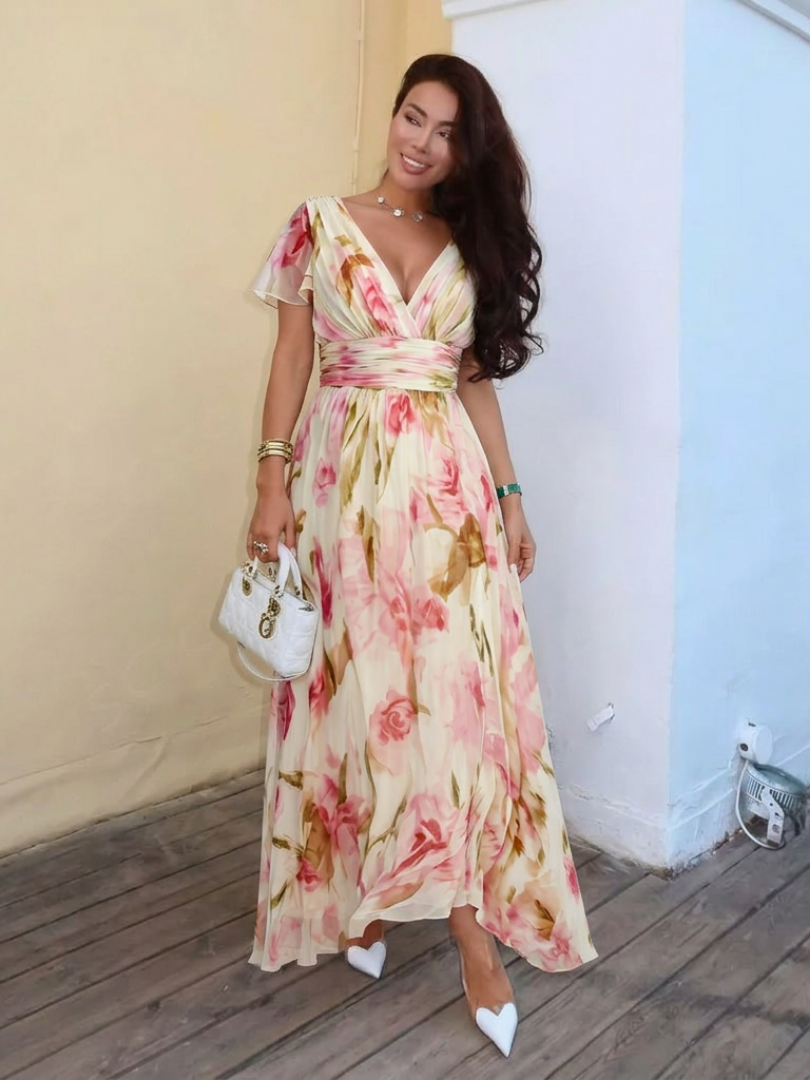 Garden Party Flowy V-Neck Short-Sleeve Floral Maxi Dress