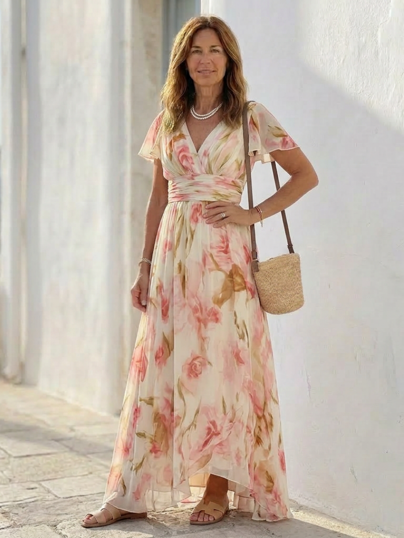 Garden Party Flowy V-Neck Short-Sleeve Floral Maxi Dress