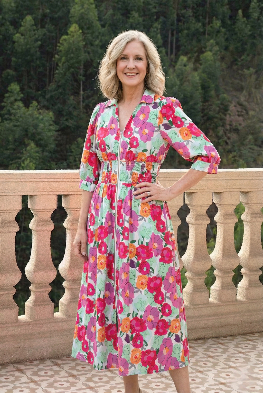 Vibrant Floral Print V Neck Zip Up Puffy Half Sleeve Dress