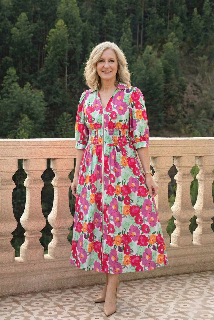 Vibrant Floral Print V Neck Zip Up Puffy Half Sleeve Dress