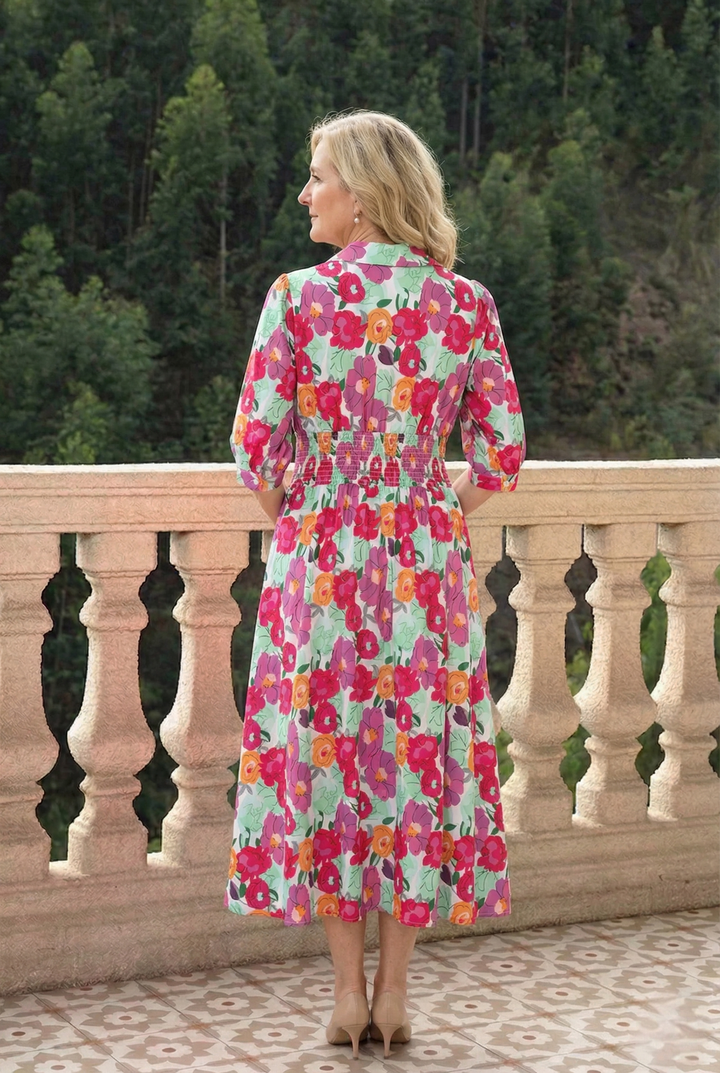 Vibrant Floral Print V Neck Zip Up Puffy Half Sleeve Dress