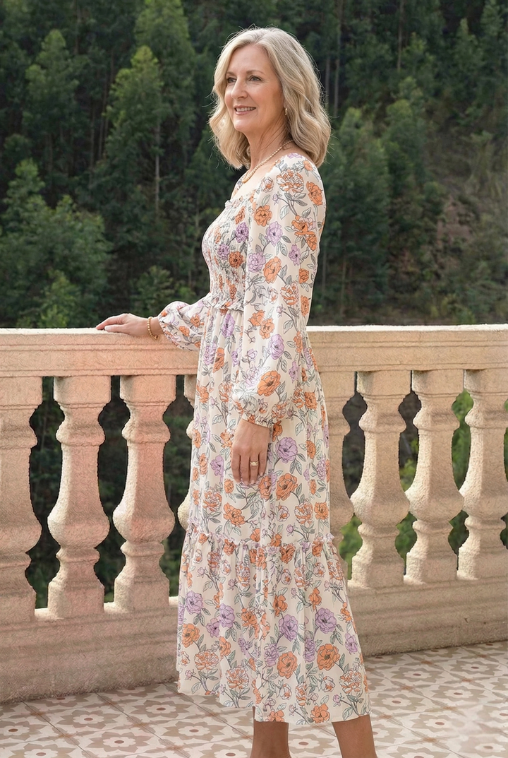 Floral Smocked Square Neck Dress