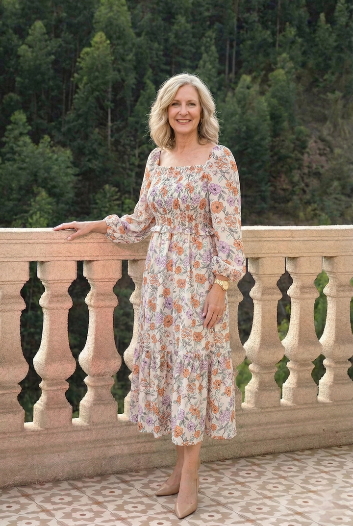 Floral Smocked Square Neck Dress
