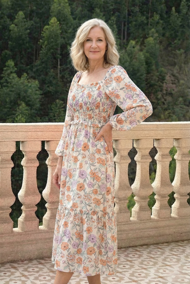 Floral Smocked Square Neck Dress