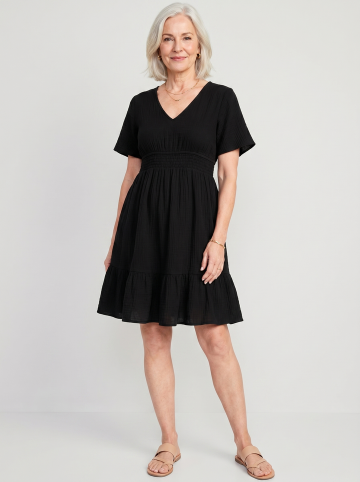 Smocked V-Neck Mini Dress