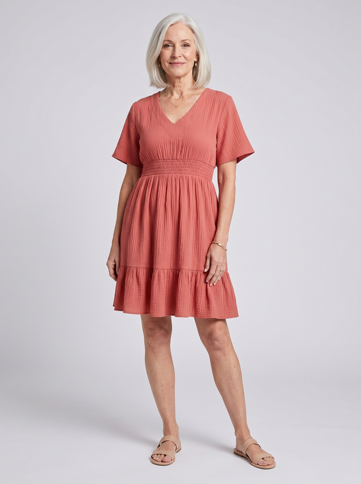 Smocked V-Neck Mini Dress