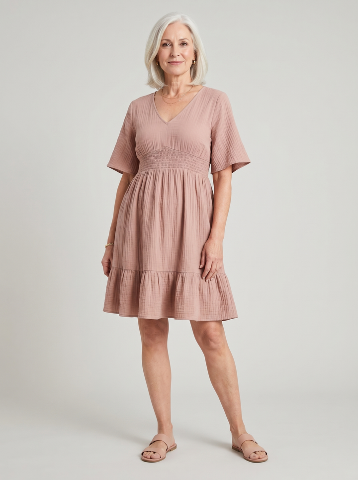 Smocked V-Neck Mini Dress