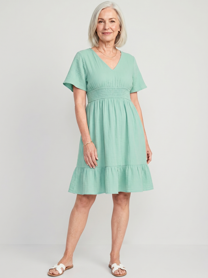 Smocked V-Neck Mini Dress