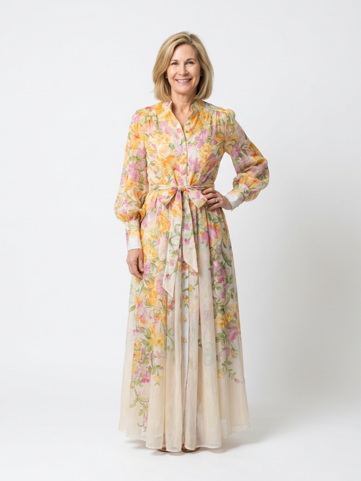 Romantic Wedding-Guest Sheer Floral Long-Sleeve Maxi Dress