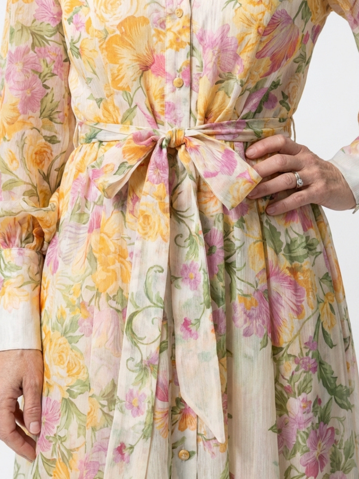 Romantic Wedding-Guest Sheer Floral Long-Sleeve Maxi Dress
