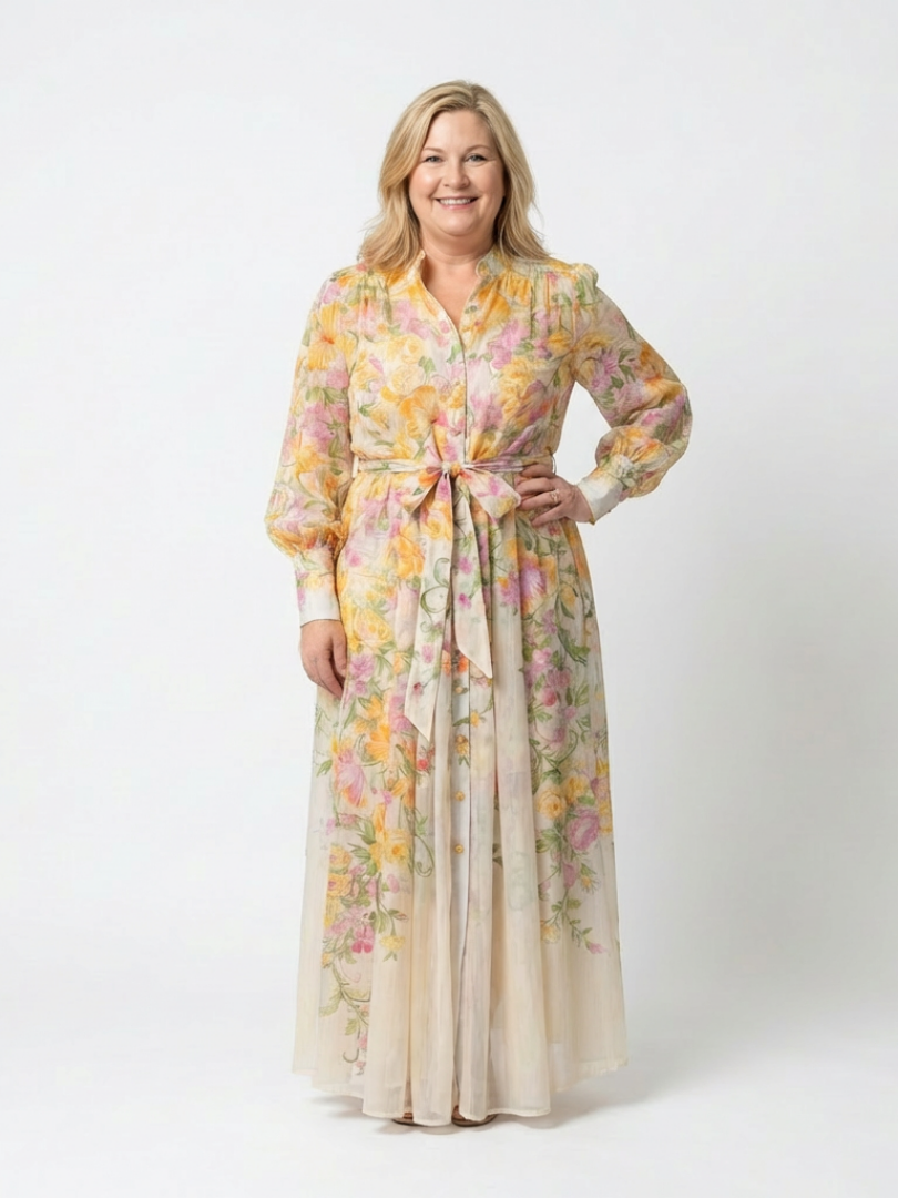 Romantic Wedding-Guest Sheer Floral Long-Sleeve Maxi Dress