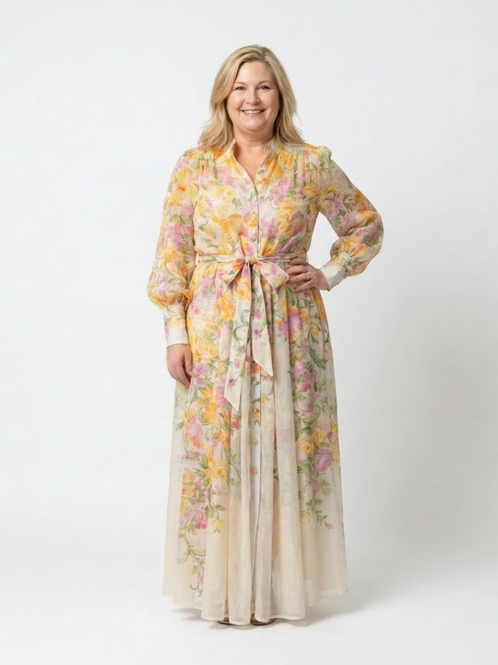 Romantic Wedding-Guest Sheer Floral Long-Sleeve Maxi Dress