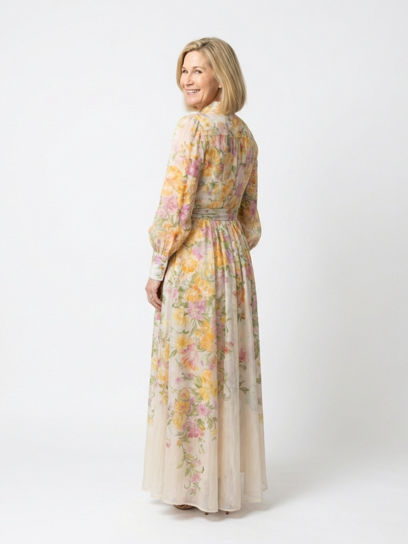 Romantic Wedding-Guest Sheer Floral Long-Sleeve Maxi Dress