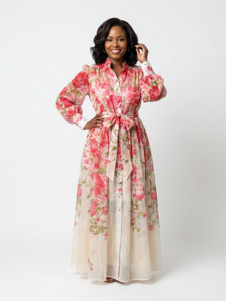 Romantic Wedding-Guest Sheer Floral Long-Sleeve Maxi Dress