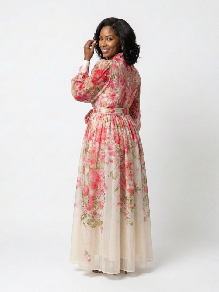 Romantic Wedding-Guest Sheer Floral Long-Sleeve Maxi Dress