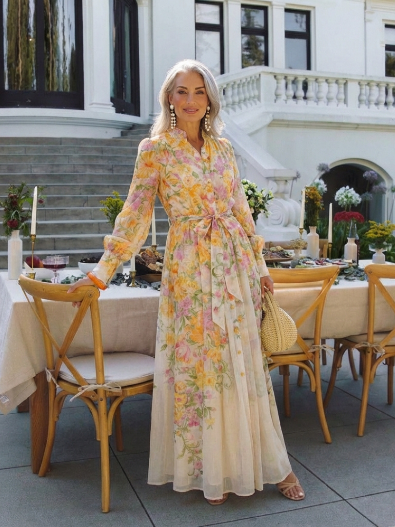 Romantic Wedding-Guest Sheer Floral Long-Sleeve Maxi Dress