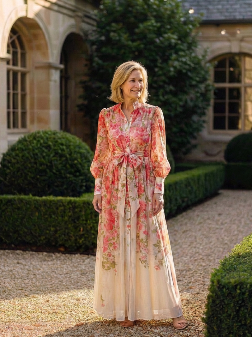 Romantic Wedding-Guest Sheer Floral Long-Sleeve Maxi Dress