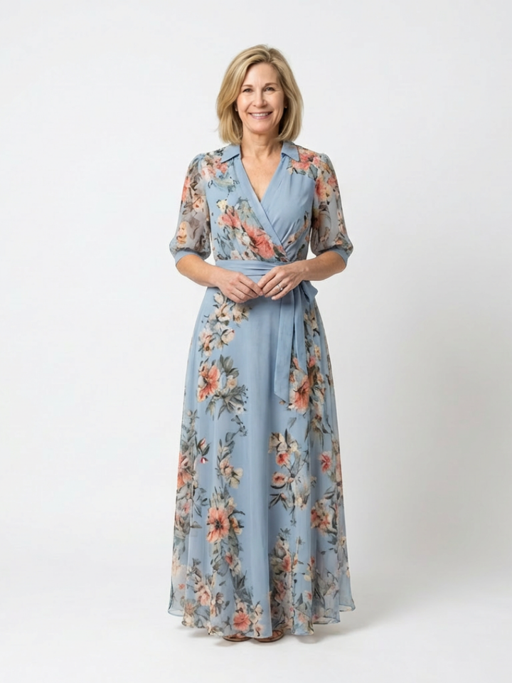 Figure-Flattering Floral Wrap V-Neck Maxi Dress