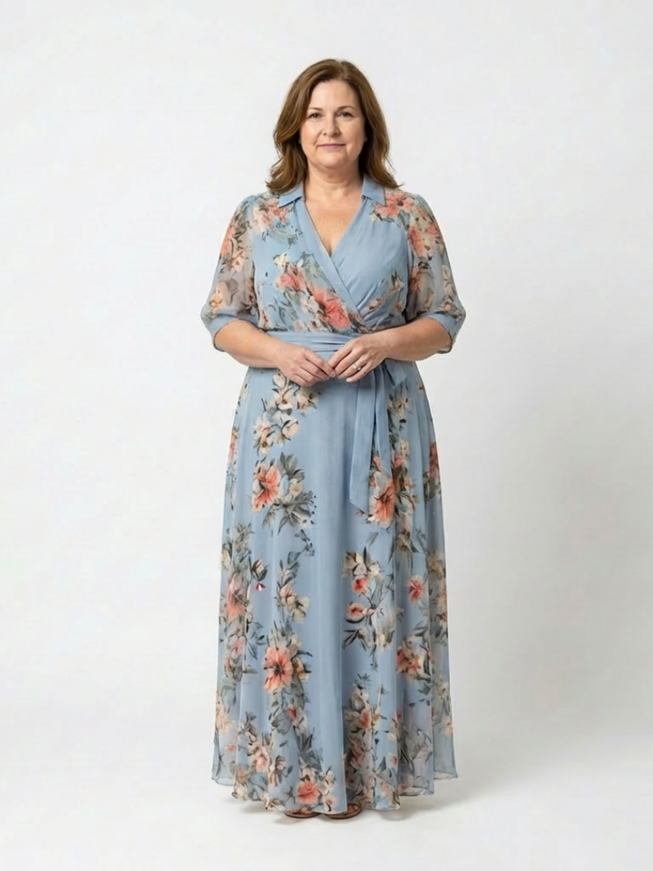 Figure-Flattering Floral Wrap V-Neck Maxi Dress