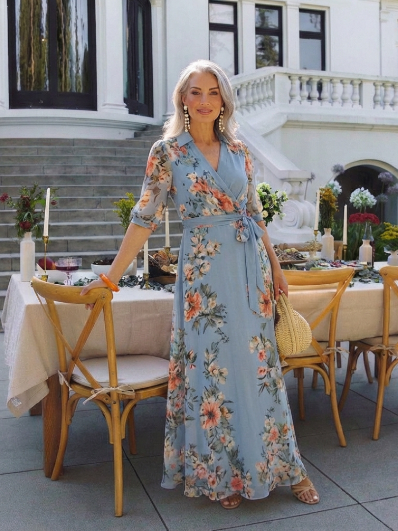 Figure-Flattering Floral Wrap V-Neck Maxi Dress