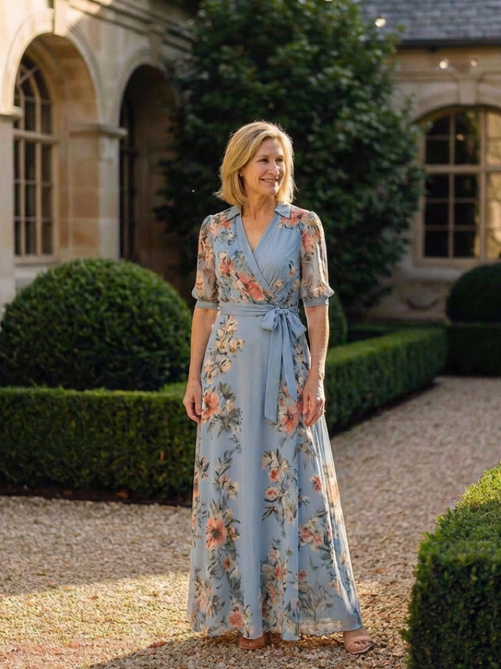 Figure-Flattering Floral Wrap V-Neck Maxi Dress