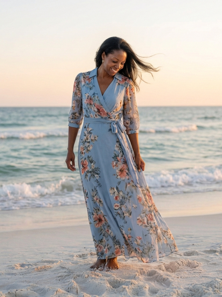 Figure-Flattering Floral Wrap V-Neck Maxi Dress